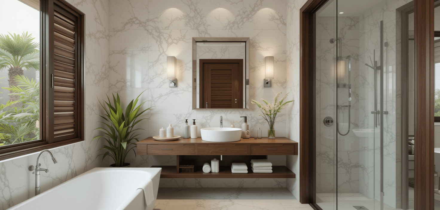 A minimalist luxury bathroom with a freestanding tub, floating marble vanity, frameless glass shower, and soft neutral tones, accented by natural light and a single green plant.